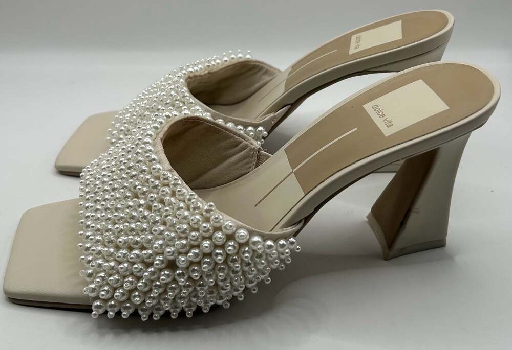 Dolce Vita Pearl Embellished Mule Heels Cream Square Sandals Size 7.5 - Picture 2 of 8
